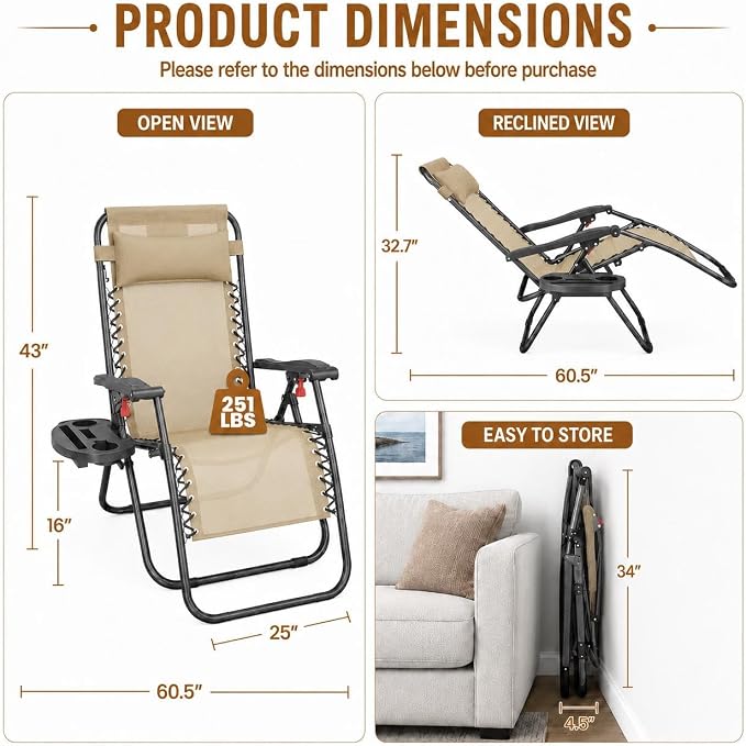 Yaheetech 26" Zero Gravity Recliners Adjustable Set of 2, Cup Holder Trays and - Image 2
