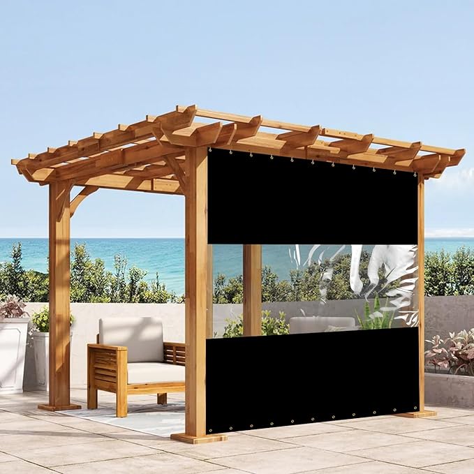 Covers & All Outdoor Clear Panel Curtain, 12 oz Vinyl Outdoor Curtains for Patio, Weather Resistant Waterproof Tarp with Brass Grommets for Pergola, Porch, Gazebos, Balcony (7'H x 12'W Feet, Black)