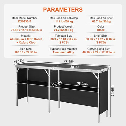 VEVOR Extra Long Folding Portable Bar Tradeshow Podium Table for Indoor, Outdoor, Party, Picnic, Exhibition, Includes Carrying Case, Storage Shelf and Black Skirt, 77.95" x 15.16" x 34.65"