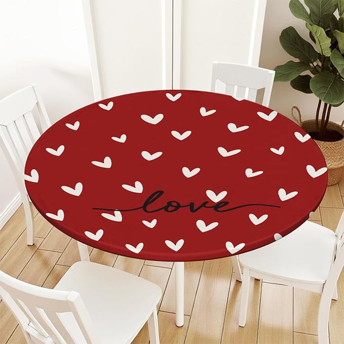 Valentines Day Round Fitted Tablecloth with Elastic Red White Love Heart Circle Table Cloth for 36-40" Round Tables Stretch Waterproof Washable Valentine Table Cover for Picnic Dining Party Decor
