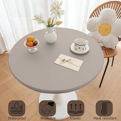 Round Fitted PU Tablecloth with High Elastic Edge 63 Inch Dia Waterproof Oil Proof Table Cloth Anti-Scald Stain-Resistant Wipeable Table Cover for Indoor Outdoor Picnic (Grey,63" Dia)