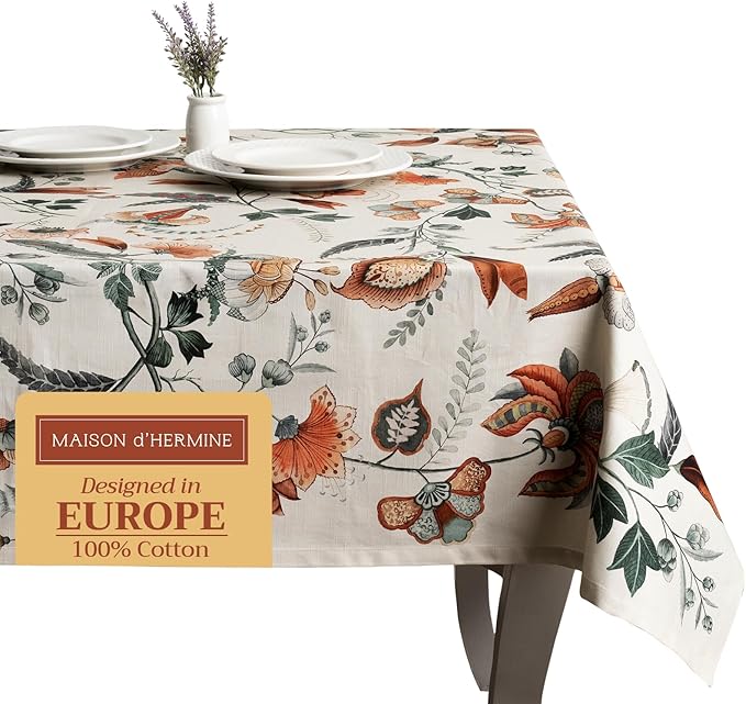 Maison d' Hermine Table Cloth Rectangle Table 100% Cotton 60 x 108 Inches Fall Tablecloth Reusable Everyday Use for Thanksgiving Christmas Decorations Dining Farmhouse Party (Dalida)