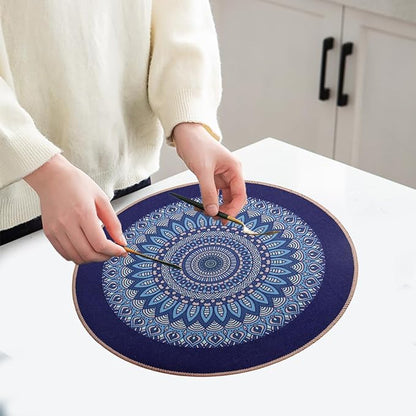 PIGCHCY Round Boho Placemats Set of 6, Rubber Heat Resistant Tabel Mats, Waterproof Washable Placemat for Dining Table Decoration (Deep Blue)