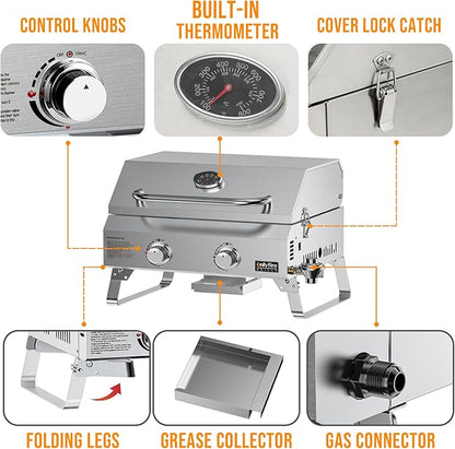 Tabletop Gas Grill 2 Burners, 20" Portable Propane Grill with Foldable Legs for Outdoor Patio Backyard Camping Tailgating RV Trip Beach, Stainless Steel Gas Stove 16000BTU, GS322