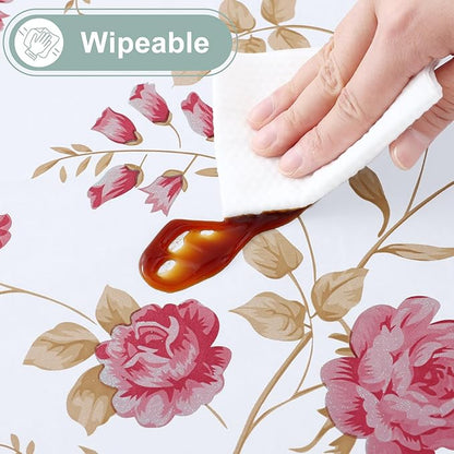 misaya Rectangle Waterproof Vinyl Table Cloth, Plastic Tablecloth with Flannel Backing, Wipeable Table Cover for Dinner, Picnic, Indoor and Outdoor (Pink Flowers, 60" x 84")