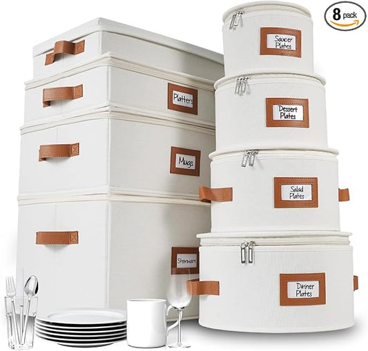 HOMELUX THEORY Hard Shell China Storage Containers, 8pc Ivory Mug & Plate Storage Box, Kitchen Storage Bins W/Lids, Heavy Duty Moving Box with Handles for Dishes, Glassware, Silverware, Cup & Mug