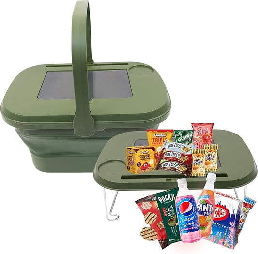 Picnic Basket for 2 Person, Foldable Bucket with Lid and Handles, Portable Outdoor Storage Bucket, 18 Liters, Ideal for Camping、Outdoors and Car Trunks (Green)