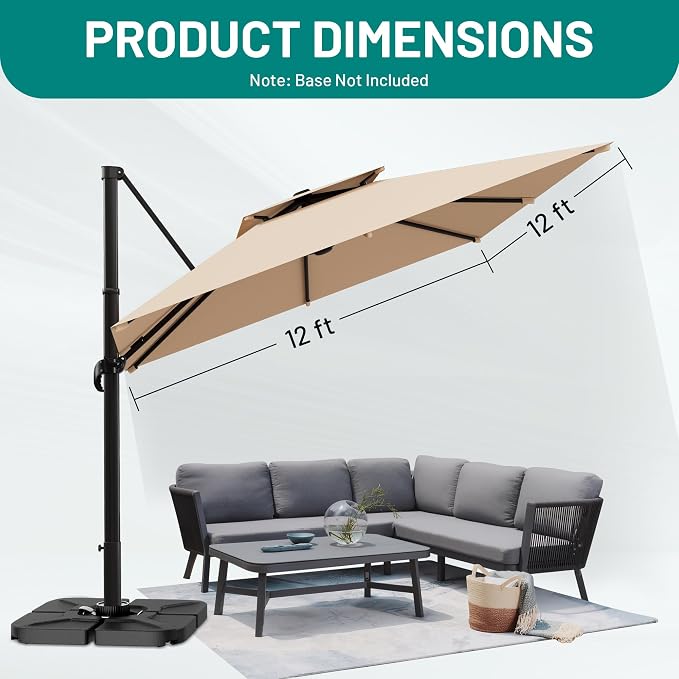 12×12 FT Double-Top Cantilever Patio Umbrella, Outdoor Umbrellas - Image 7