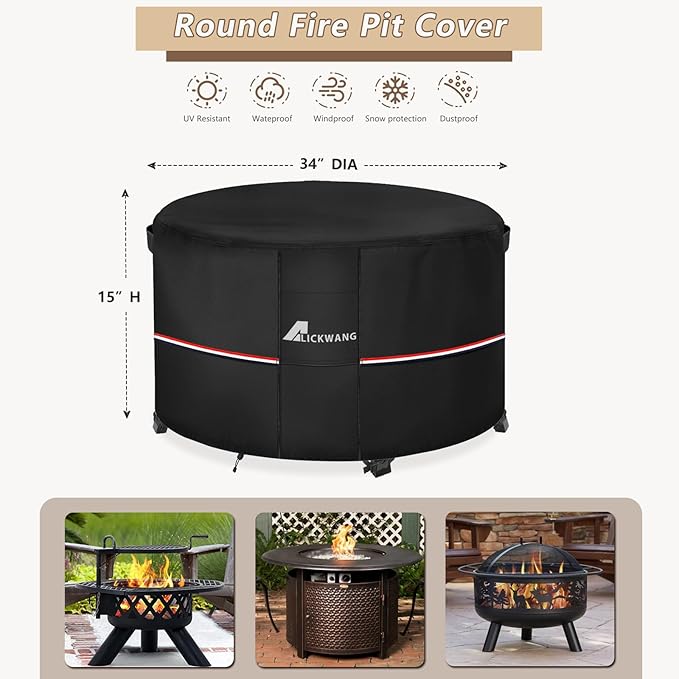 Fire Pit Cover Round 34 Inch Waterproof,Outdoor Heavy Duty Durable 600D Tear-Resistant Fire Pit Table Cover,Patio Round Firepit Cover 34" D x 15" H, Black