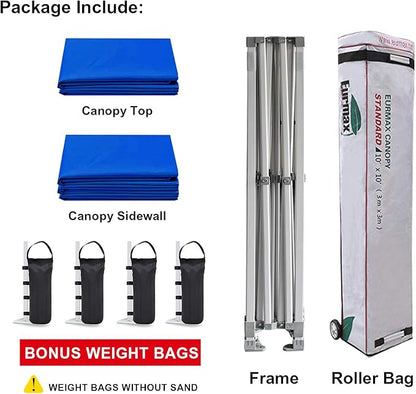 Eurmax USA 10'x10' Pop-up Canopy Tent Commercial Instant Canopies with 4 Removable Zipper End Side Walls and Roller Bag, Bonus 4 SandBags(Blue)