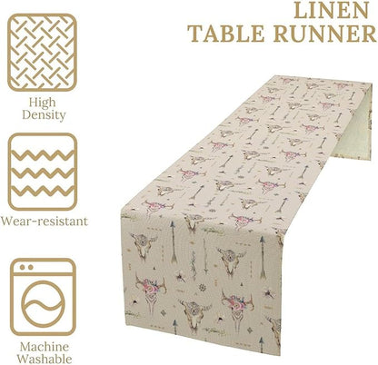 Western Boho Table Runner, Aztec Native Tribal Bull Skull Southwestern Bohemian Geometric Floral Pattern Table Runner for Home Kitchen Dining Party Farmhouse Cafe 13x120in