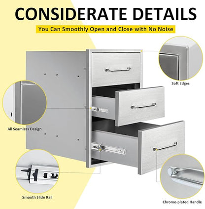 Outdoor Kitchen Drawers 14" W x 21"H x 21"D Stainless Steel Drawer Flush Mount Triple BBQ Drawers with Chrome Handle for Outdoor Kitchen Island, Patio Grill Station