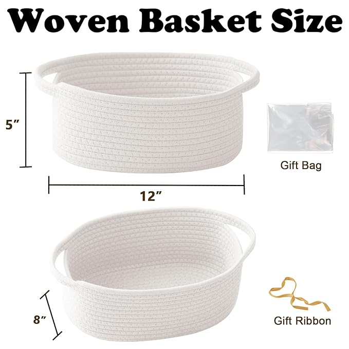 Gift Basket with Gift Bag and Ribbons,Small Rope Woven Shelf Storage,Baskets for Gifts Empty,Birthday,Baby Shower,Decorative Organizer Box with Handles(White)