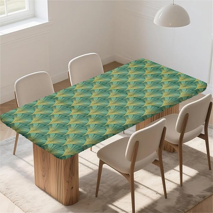 Rectangle Table Cloth Cover Waterproof Elastic Fitted Polyester Fitted Tablecloths for 4 Foot Tables for Indoor,Picnic, Camping, Outdoor （48" x 30"，Green Sector Geometry）