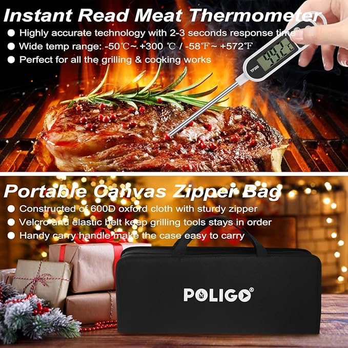 POLIGO 29 PCS BBQ Grill Accessories Stainless Steel BBQ Tools Grilling Tools Set with Storage Bag for Fathers Day Dads Birthday Presents - Camping Grill Utensils Set Ideal Grilling Gifts for Men Women