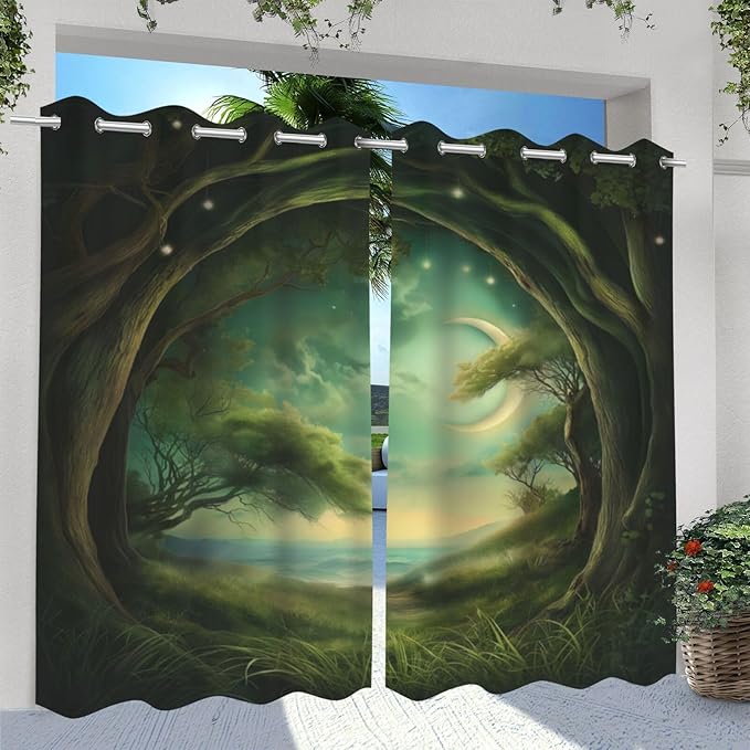 Forest Theme Outdoor Curtains for Patio Waterproof,Trees Moon Lake Pattern,Privacy, Grommet Curtains for Patio, Pergola, Porch, Deck, Lanai, and Cabana,Set of 2 Panels,42 x 84 inch,Green