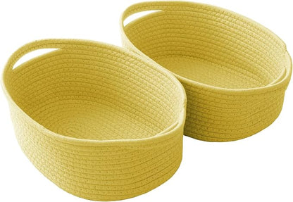 Woven Basket,Small Rope Storage Bin with Handles & Ribbon Bag, Organizer for Shelves Closets,Gift Basket Empty for Birthday,Books,Dog Toys, Yellow/2 Pack
