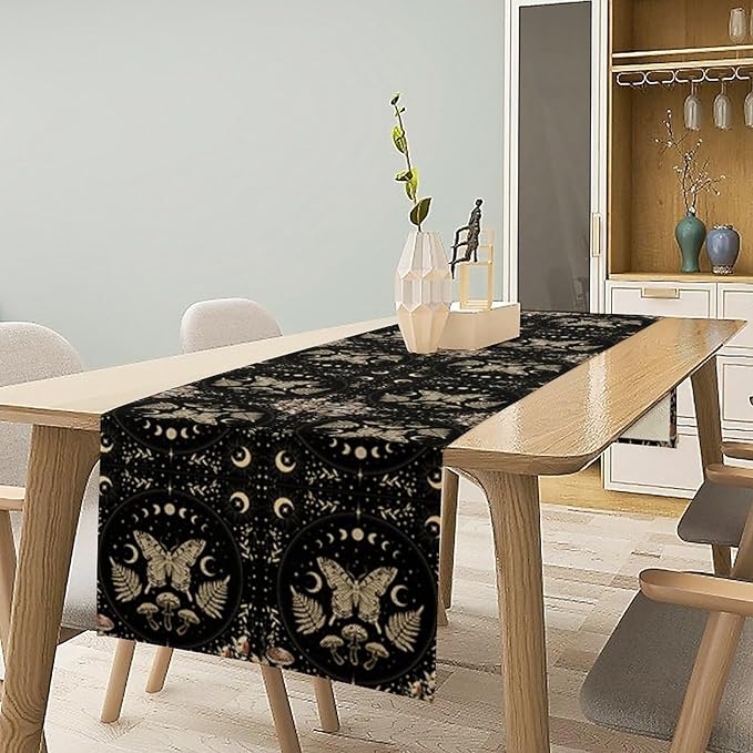 Mushroom Moth Table Runner,Vintage Boho Moon Autumn Seasonal Table Runner for Kitchen Dining Table Holiday Party Home Decor 13x120in