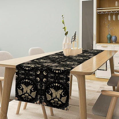 Mushroom Moth Table Runner,Vintage Boho Moon Autumn Seasonal Table Runner for Kitchen Dining Table Holiday Party Home Decor 13x108in