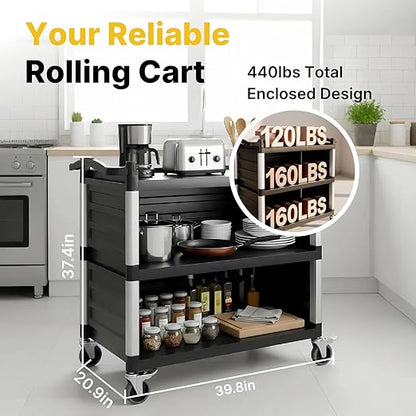 NorthSky Select Dual-Handle Utility Service Cart, 3 Shelves, 440 lb. Capacity -Black Plastic Shelves, Lockable Swivel Casters - Suitable for Hospital, Lab, Hotel, Office Transport & Organizing