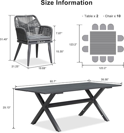 PURPLE LEAF 12 Pieces Outdoor Patio Dining Sets All-Weather PE Rattan Furniture Set with All Aluminum Frame Outdoor Table and Chairs Set for 10 People Lawn Garden Backyard Deck, Grey