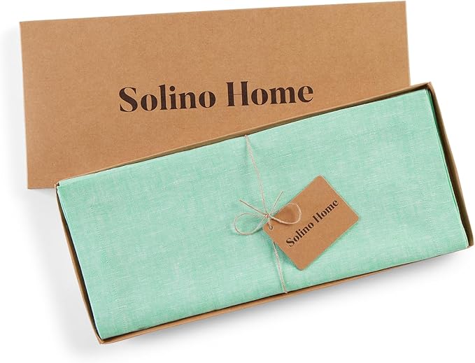 Solino Home Linen Table Runner 108 Inches Long - Athena, 100% Pure Linen Chambray Aqua Dining Table Runner 14 x 108 Inch for Winter, Spring, Easter