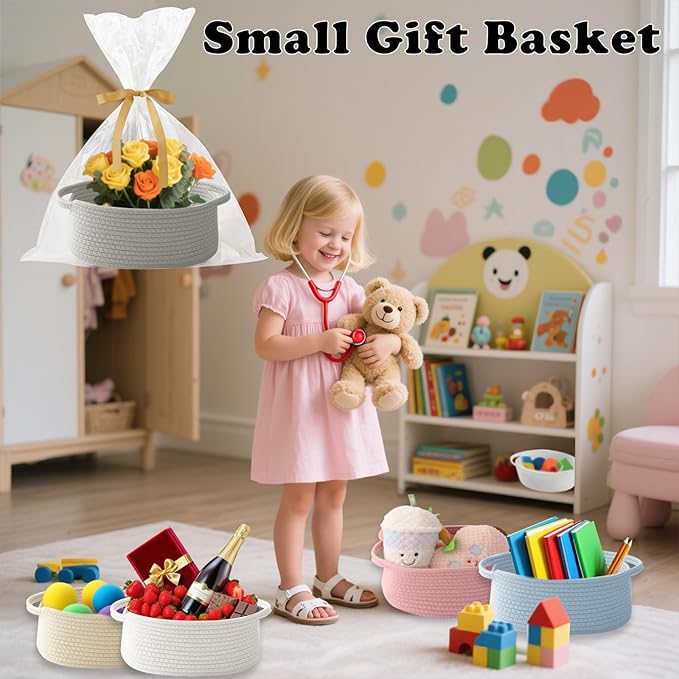 Gift Basket with Gift Bag and Ribbons,Small Rope Woven Shelf Storage,Baskets for Gifts Empty,Birthday,Baby Shower,Decorative Organizer Box with Handles(Grey)