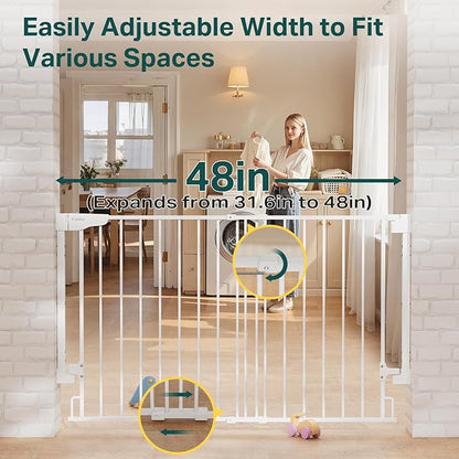 Cumbor Expandable 31.6-48" Baby Gate for Stairs, Wall-Mounted, 2-in-1 No Bottom Bar Dog Gate Indoor, Auto Close Pet Gate for Doorways with Large Walk Thru Door, Child-Proof Gate for Kids (White)
