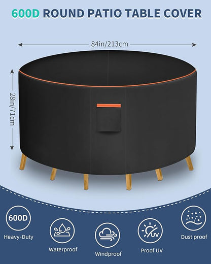 Round Patio Furniture Cover, 84 Inch Diameter Waterproof 600D Heavy Duty Table and Chair Set Protection Black