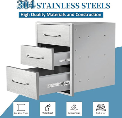 Outdoor Kitchen Drawers 16"Wx21"Hx23"D Flush Mount Access 3-Drawer BBQ Stainless Steel Drawers with Handle for Outdoor Kitchen Island or Grill Station
