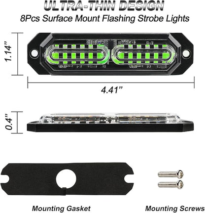 ASPL 8pcs Sync Feature Ultra Slim 12-LED Surface Mount Flashing Strobe Lights for Truck Car Vehicle LED Mini Grille Light Head Emergency Beacon Hazard Warning Lights (Green)