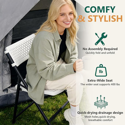 4-Pack White Folding Chairs, Mesh Plastic Seat - Image 4