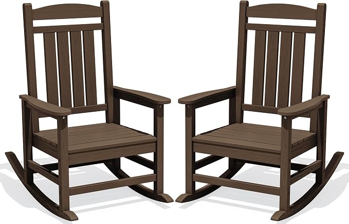 Oversized Outdoor Rocking Chair Set of 2, HDPE Porch Rocker, Coffee | by KINGYES