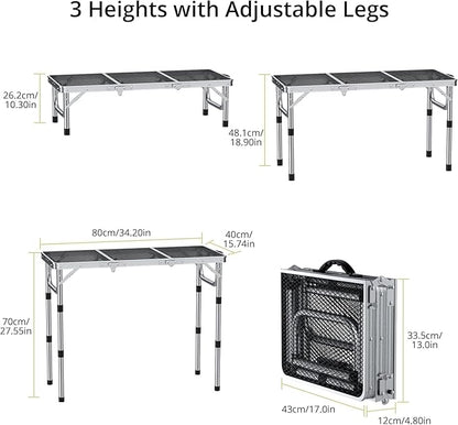 Anbte 3ft Folding Grill Table with Storage Bag, 3 Adjustable Height 27.5" Aluminum Portable Grill Table, Heat Resistant, Lightweight, Portable Handle for BBQ Cooking Camping Travel, 35" X 16", Silver