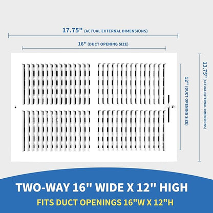 16x12 Vent Register [Duct Opening], Vent Covers for Home Ceiling, Two-Way Ventilation Register, Adjustable Solid Steel Wall Register Vent Cover (16"W x 12"H [Duct Opening])