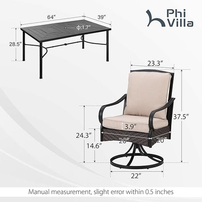 PHI VILLA 7 PCS Outdoor Dining Sets, All-Weather Patio Table and Chairs Set for 6, Heavy Duty Rectangle Patio Table Set for Deck, 6 Extra Large Outdoor Swivel Chairs with Thick Cushions