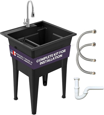 Freestanding Utility Sink with Stainless Steel Gooseneck Faucet - 24" Plastic Utility Sink for Garage, Laundry, Indoor and Oudoor Use - Laundry Tub Kit by Noah William Home - Black (19.5 gal)