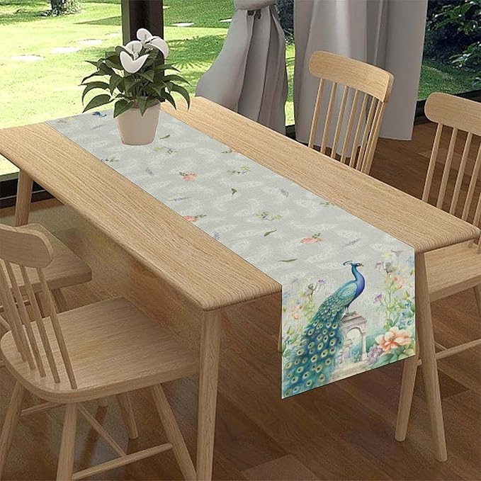 Peacock Table Runner,Watercolor Traditional Chinese Style Peacock Floral Garden Traditionla Chinese Style Table Center Decor for Home Dining Kitchen Patio Party Indoor Table Decorations, 13"x108"