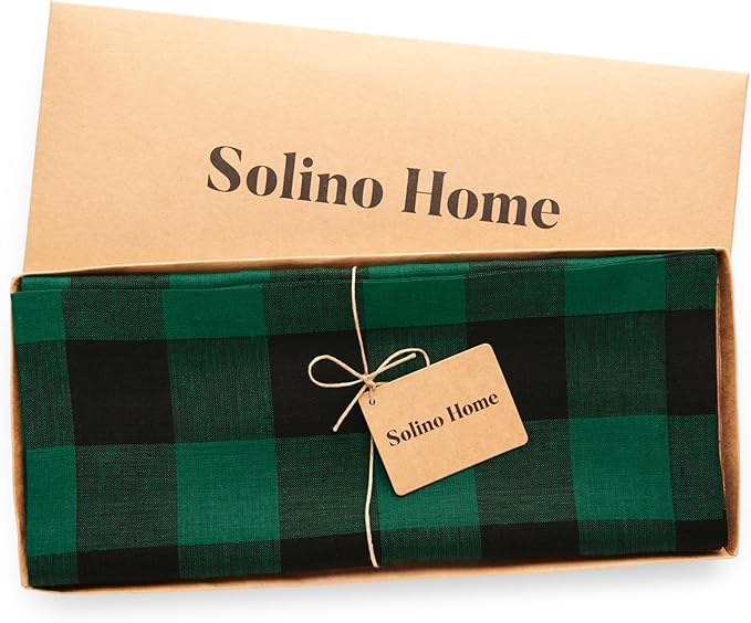 Solino Home Linen Checkered Table Runner 120 Inches Long - 100% Pure Linen Green and Black Buffalo Check Table Runner 14 x 120 Inch Ideal for Dining, Winter