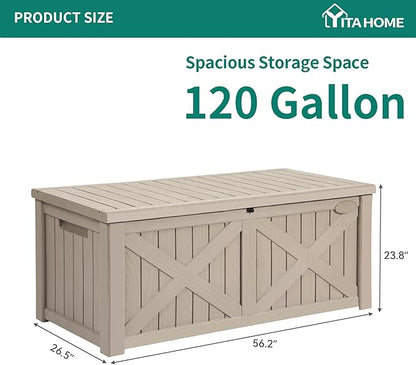 YITAHOME 120 Gallon Large Outdoor Storage Box with X-Shaped Front, Waterproof Resin Deck Box Cushion Storage Bench for Patio, Pool Supplies, Garden Tools- Lockable, Taupe