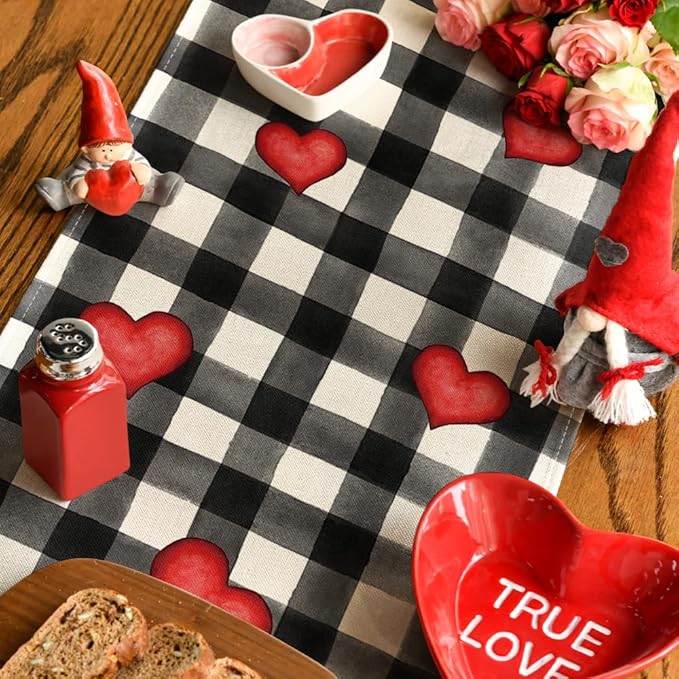 Artoid Mode Watercolor Buffalo Plaid Hearts Gnomes Love Valentine's Table Runner, Seasonal Anniversary Wedding HoliKitchen Dining Table Decoration for Indoor Outdoor Home Decor 13 x 36 Inch