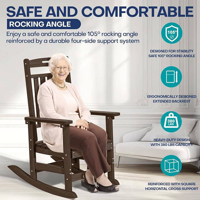 Oversized HDPE Outdoor Rocking Chair, All-Weather Resistant, Coffee | Heavy - Image 5