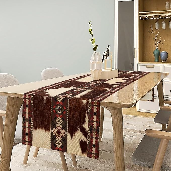 Cowhide Table Runner, Brown Cow Western Exotic Aztec Wild Animals Skin Table Runner for Kitchen Farmhouse Dining Home Outdoor Party 13x60in