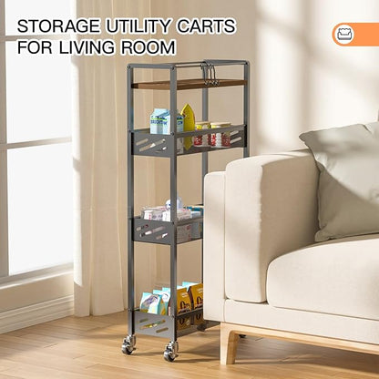 DGSNADGO Slim Rolling Storage Cart, 4-Tier Kitchen Cart on Wheels, Narrow Utility Cart with Handle and Wooden Tabletop for Small Space in Kitchen, Living Room, Bathroom, Rustic Brown and Black