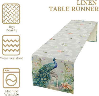 Peacock Table Runner,Watercolor Traditional Chinese Style Peacock Floral Garden Traditionla Chinese Style Table Center Decor for Home Dining Kitchen Patio Party Indoor Table Decorations, 13"x36"