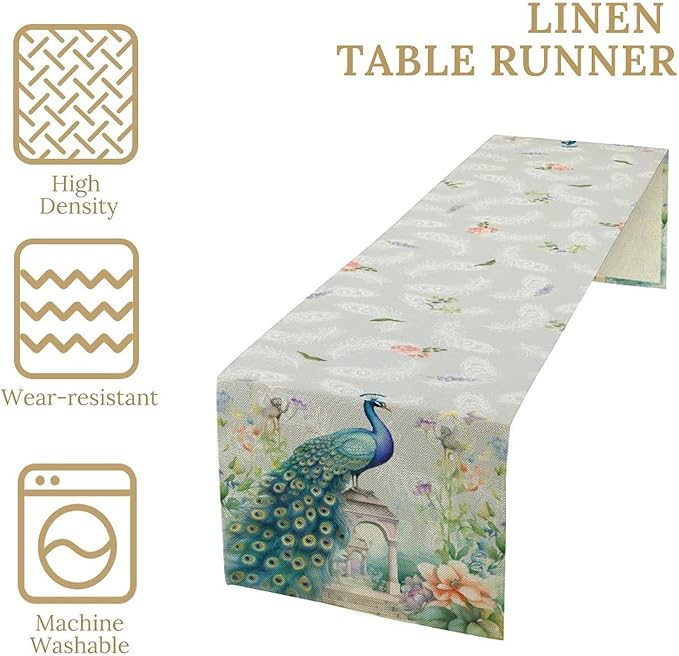 Peacock Table Runner,Watercolor Traditional Chinese Style Peacock Floral Garden Traditionla Chinese Style Table Center Decor for Home Dining Kitchen Patio Party Indoor Table Decorations, 13"x108"