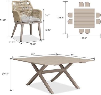 PURPLE LEAF 9 Pieces Outdoor Dining Set All-Weather PE Rattan Outdoor Patio Furniture Set with All Aluminum Frame Square Table and Chairs Set for Lawn Garden Backyard Deck, Champagne