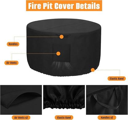 Kovshuiwe Round Gas Fire Pit Cover-600D Fabric Waterproof and Resistant Material，Fits Outdoor for 34-36 Inch Fire Pit/Table Cover, Patio Fire Bowl Cover-36 Dia x 20" H, Black