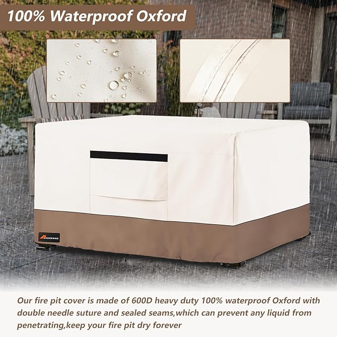 Fire Pit Cover Rectangular, Outdoor Heavy Duty 600D Tear-Resistant 100% Waterproof 52 Inch Fire Table Cover Rectangle, Patio Weatherproof Rectangular Fire Table Protector, Beige 52" L x 34" W x 24" H