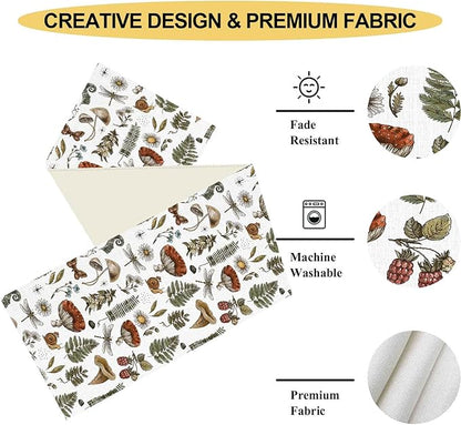 Mushroom Table Runner, Rustic Farmhouse Forest Plants Botanical Country Coffee Table Center Decor for Home Kitchen Dining Patio Holiday Party Indoor Outdoor Table Decorations, 13"x108" Inch